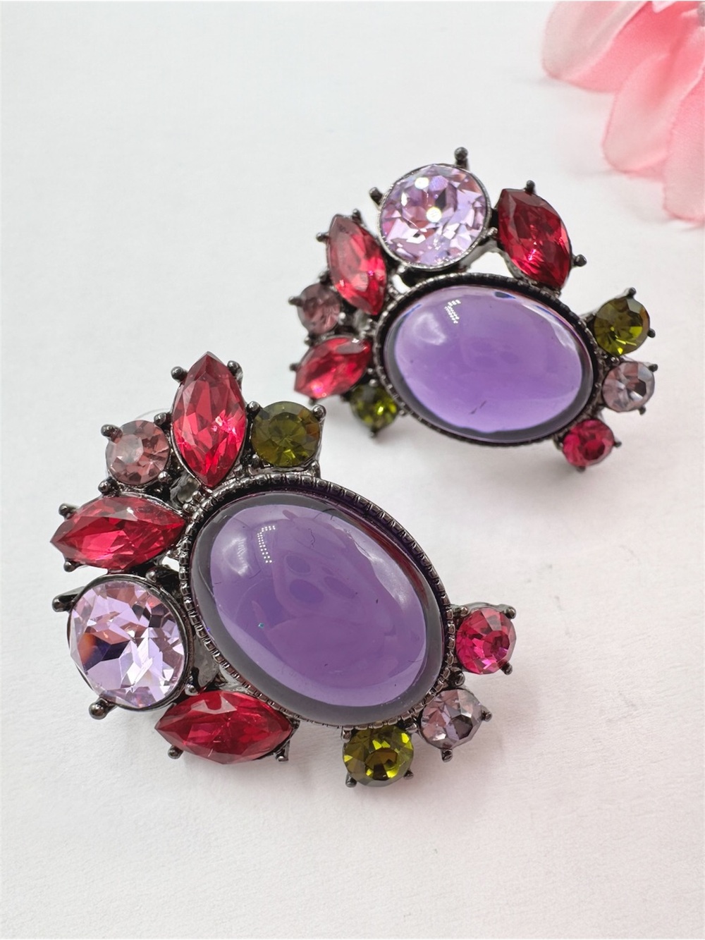 Burachie Chunky Purple Pink Green Rhinestone Cluster Earrings Statement Glam
